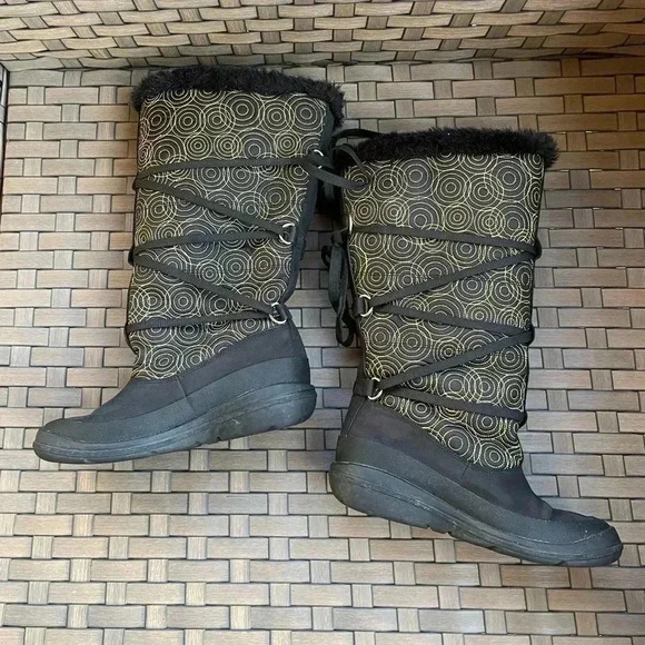 Timberland Women’s Black Waterproof Leather & Gold Tall Fur Winter Boot Size 6 - Picture 2 of 7